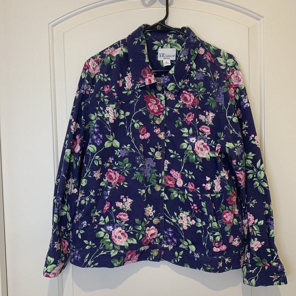 Vtg The Tog Shop Petites PL Floral Button Jacket Cottagecore Navy Blue Pink Rose